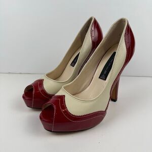 Vintage Retro Steven by Steve Madden Red & Cream Pinup Platform Peep Toe Heels S